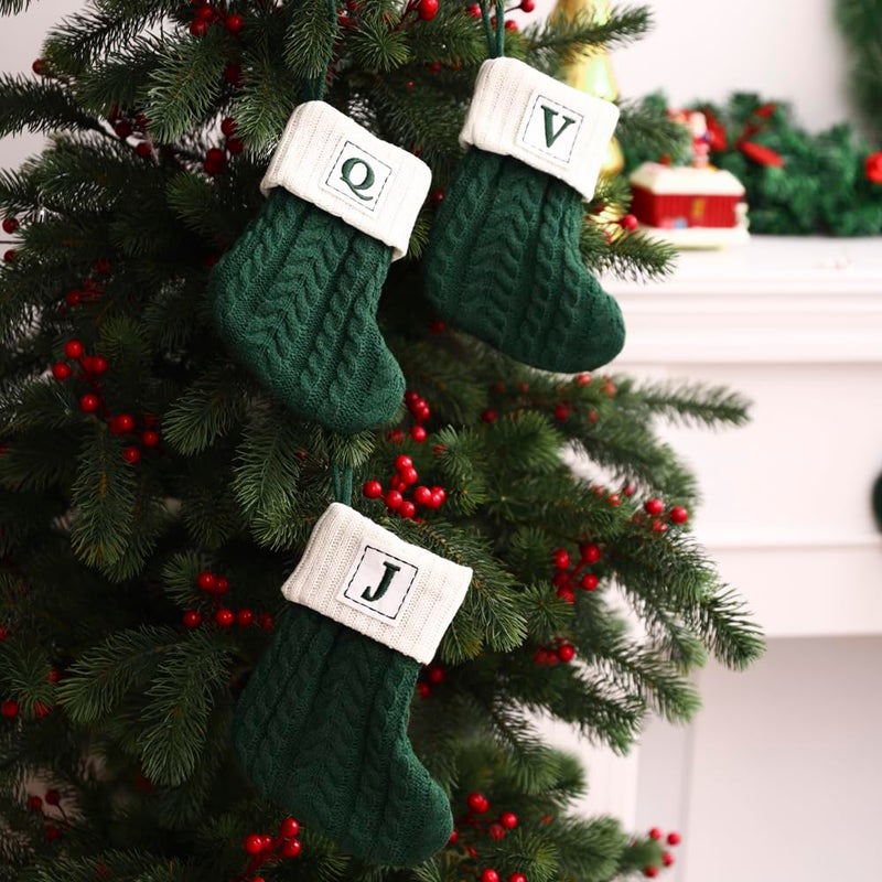 OJCHRLKF 8 Inches Mini Initial Monogram Embroidered Christmas Stocking Knitted Christmas Decorations Stocking Red,White,Green Knit Cute Christmas Stocking-Green-Y-60 - Image 3